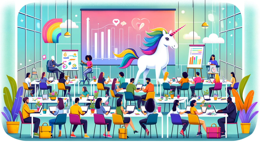 A whimsical and colorful illustration, featuring a diverse group of people actively participating in a conference workshop.